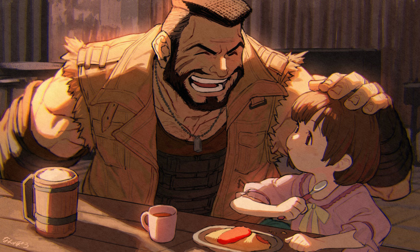 1boy 1girl barret_wallace beer_mug brown_hair brown_vest closed_eyes commentary_request cup dark-skinned_male dark_skin dress facial_hair father_and_daughter female_child final_fantasy final_fantasy_vii final_fantasy_vii_remake food hand_on_another's_head happy highres holding holding_spoon indoors looking_at_another marlene_wallace mug nanpou_(nanpou0021) open_mouth pink_dress scar scar_on_cheek scar_on_face short_hair signature spoon table upper_body vest