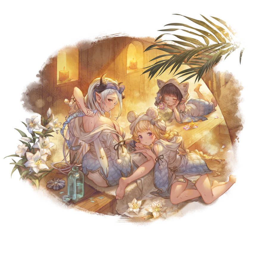 3girls :o bangs black_hair blonde_hair bottle character_request coconut drinking_straw drinking_straw_in_mouth eyepatch flower granblue_fantasy horns izmir long_hair looking_at_viewer looking_back lying medical_eyepatch minaba_hideo multiple_girls official_art on_stomach parted_lips pointy_ears pom_pom_(clothes) purple_eyes reclining red_eyes sauna sitting steam transparent_background wariza white_flower white_hair yokozuwari