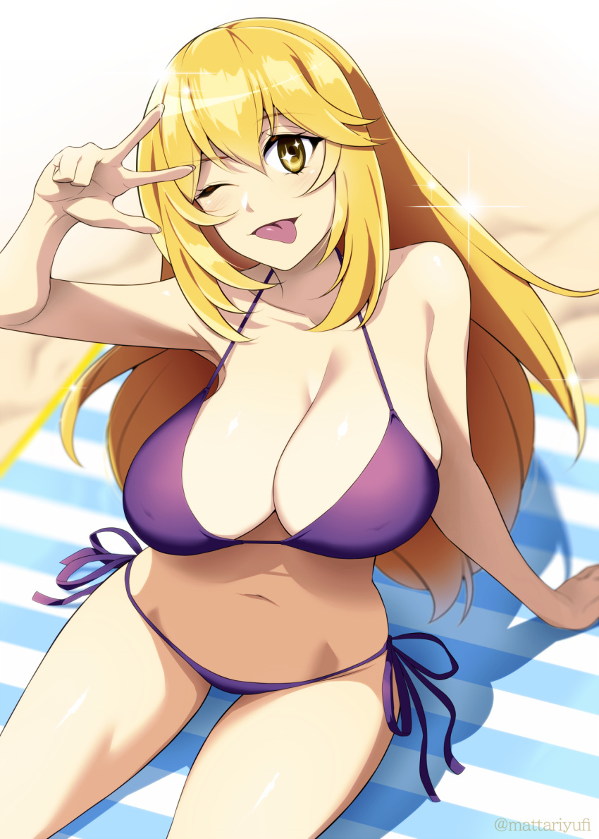 1girl ;p alternate_costume arm_support arms_up bangs beach beach_towel bikini blonde_hair blurry blurry_background breasts commentary_request from_above hair_between_eyes highres large_breasts long_hair looking_at_viewer mattari_yufi navel one_eye_closed purple_bikini shokuhou_misaki side-tie_bikini_bottom sitting smile solo sparkling_eyes swimsuit toaru_kagaku_no_mental_out toaru_kagaku_no_railgun toaru_majutsu_no_index tongue tongue_out towel v yellow_eyes