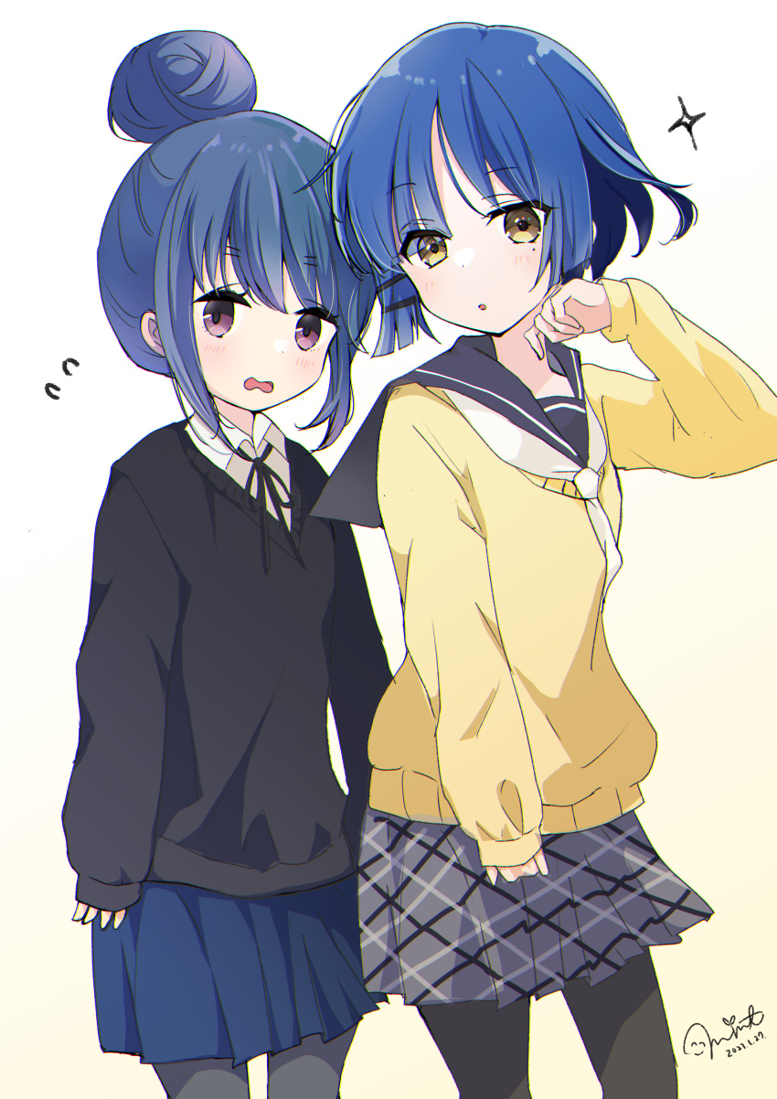 2girls absurdres blue_hair bocchi_the_rock! color_connection company_connection cosplay costume_switch crossover flying_sweatdrops gradient_background hair_bun hair_color_connection highres mint_(mintlemonade3) motosu_school_uniform multiple_girls pantyhose purple_eyes sailor_collar school_uniform shima_rin shimokitazawa_high_school_uniform simple_background sleeves_past_wrists trait_connection yamada_ryou yellow_eyes yurucamp