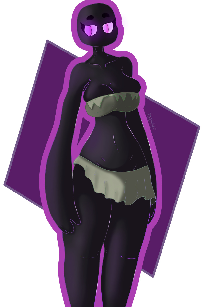 absurd_res anthro bakerlewd black_body bottomwear breasts clothing darko747 digital_drawing_(artwork) digital_media_(artwork) dress enderman female glowing glowing_eyes hi_res humanoid microsoft minecraft mojang navel pink_eyes purple_background shaded simple_background slim soft_shading solo topwear torn_clothing xbox_game_studios