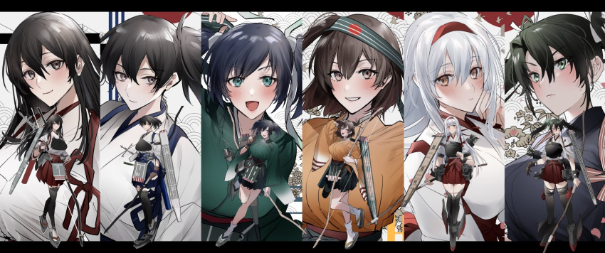 6+girls akagi_(kancolle) anti-aircraft anti-aircraft_gun black_thighhighs blue_eyes blue_hair boots bow_(weapon) breasts brown_eyes brown_hair character_name flight_deck floral_background full_body gloves hairband hakama hakama_short_skirt hakama_skirt headband highres hiryuu_(kancolle) ichimonme_(ichi) japanese_clothes kaga_(kancolle) kantai_collection large_breasts long_hair multiple_girls muneate open_mouth partially_fingerless_gloves red_hakama red_headband rigging shoukaku_(kancolle) side_ponytail skirt souryuu_(kancolle) thigh_boots thighhighs twintails weapon white_background white_hair yugake zoom_layer zuikaku_(kancolle)