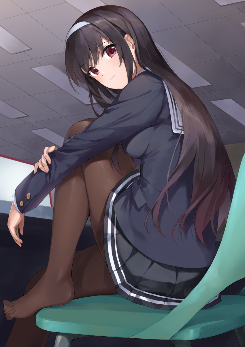1girl absurdres bangs black_hair black_pantyhose black_skirt blazer blue_jacket breasts ceiling ceiling_light chair closed_mouth commentary expressionless feet from_side hairband highres indoors jacket kasumigaoka_utaha knees_up legs long_hair looking_at_viewer marie_(pixiv31942978) medium_breasts no_shoes pantyhose pleated_skirt red_eyes saenai_heroine_no_sodatekata sailor_collar school_uniform sideboob sitting skirt solo tile_ceiling tiles toes white_hairband white_sailor_collar