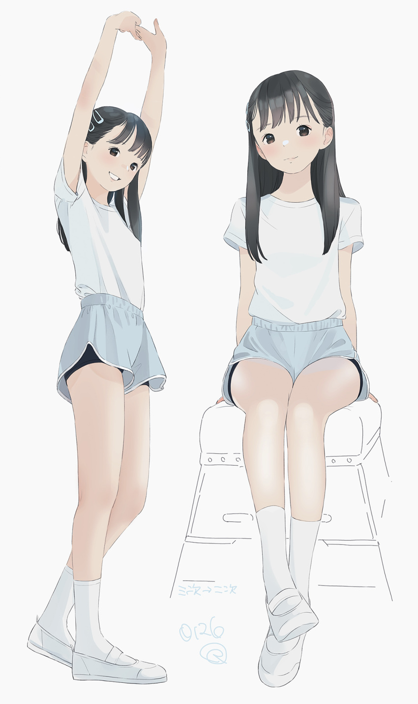 1girl arms_up bike_shorts black_hair black_shorts blue_shorts brown_eyes hair_ornament hairclip highres kokudou_juunigou legs long_hair looking_at_viewer multiple_views open_mouth original own_hands_together shirt shoes short_shorts short_sleeves shorts shorts_under_shorts simple_background sitting sketch smile socks solo stretching thighs vaulting_horse white_background white_footwear white_shirt white_socks