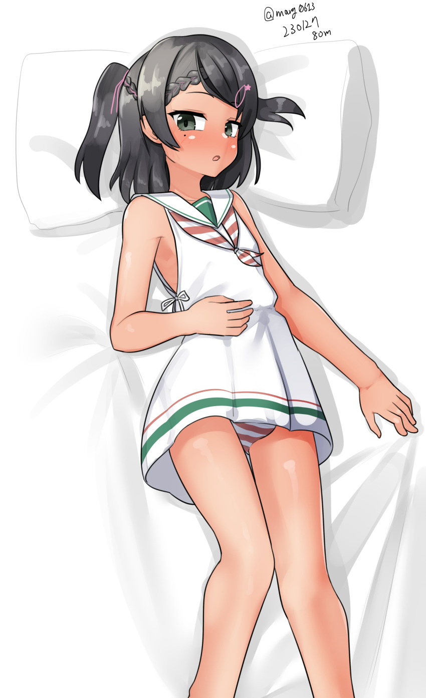 1girl absurdres black_eyes black_hair braid braided_bangs dress feet_out_of_frame highres kantai_collection low-cut_armhole lying maru_(marg0613) mole mole_under_eye neckerchief one-hour_drawing_challenge panties pillow sailor_collar sailor_dress scirocco_(kancolle) short_hair sleeveless sleeveless_dress solo striped striped_neckerchief striped_panties tan two_side_up underwear white_sailor_collar