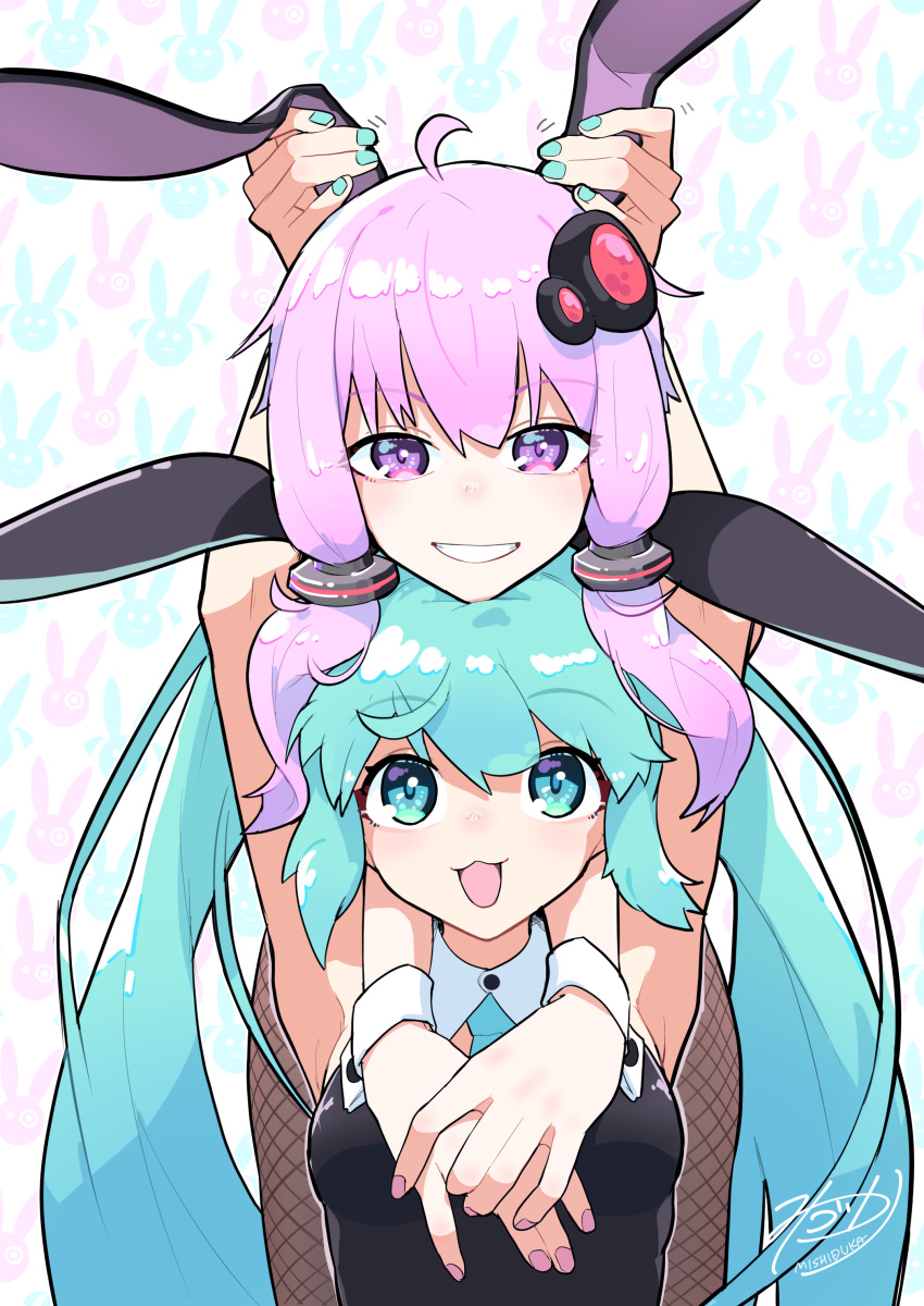 2girls absurdres ahoge aqua_eyes aqua_hair aqua_nails aqua_necktie arms_around_neck arms_up bare_arms bent_over black_leotard bunny_background commentary fishnet_pantyhose fishnets grin hair_ornament hair_tubes hand_on_another's_ear hatsune_miku head_on_head head_rest highres kinosuke_(pattaba) leotard logo long_hair looking_at_viewer looking_up multiple_girls nail_polish necktie open_mouth own_hands_together pantyhose playboy_bunny purple_eyes purple_hair purple_nails short_hair_with_long_locks sidelocks signature smile twintails upper_body upturned_eyes very_long_hair vocaloid voiceroid wrist_cuffs yuzuki_yukari