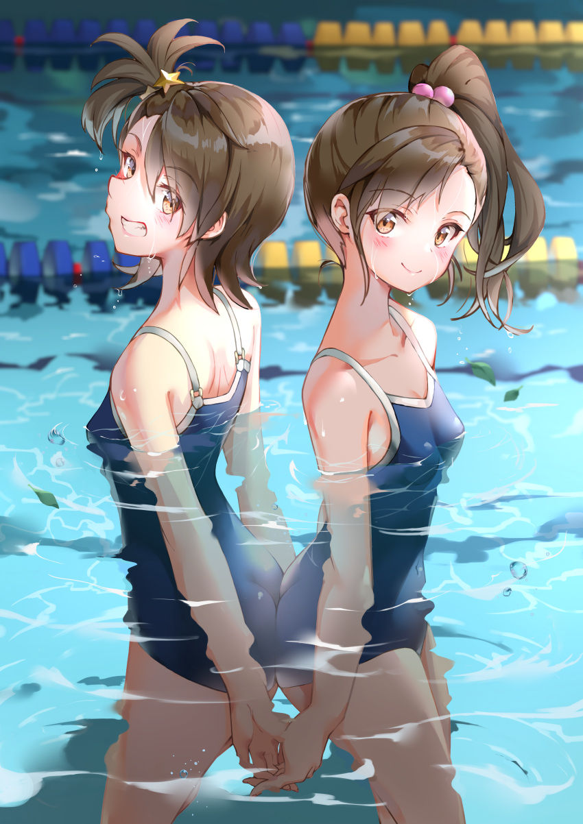 1girl 2girls absurdres ass back-to-back blue_one-piece_swimsuit brown_eyes brown_hair competition_school_swimsuit futami_ami futami_mami grin highres idolmaster idolmaster_(classic) idolmaster_2 lane_line long_hair multiple_girls one-piece_swimsuit partially_submerged pool school_swimsuit shiroyu short_hair siblings side_ponytail smile solo standing swimsuit twins water