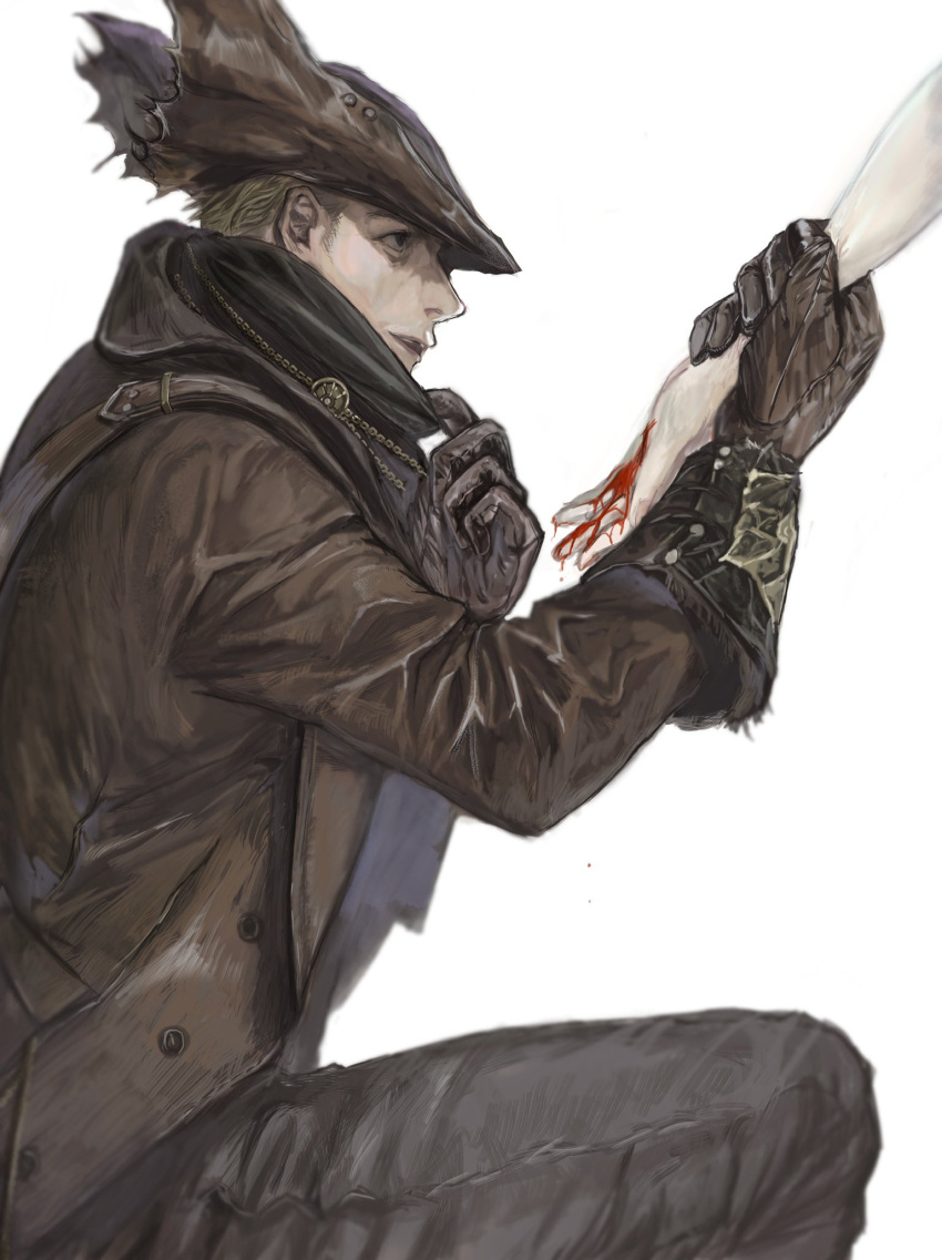 1boy 1other bangs blood blood_on_hands bloodborne brown_gloves brown_headwear brown_jacket brown_pants brown_scarf gloves guri_otoko hands_up hat highres holding_another's_wrist hunter_(bloodborne) jacket long_sleeves male_focus one_knee pants profile scarf scarf_pull shiny_clothes simple_background solo_focus tricorne white_background