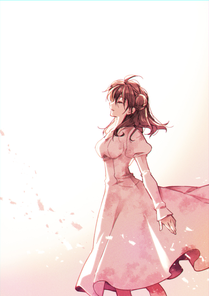 1girl brown_hair closed_eyes dress from_side hair_bun highres juliet_sleeves kamikaze_kaitou_jeanne kusakabe_maron long_sleeves official_art pale_color petals profile puffy_long_sleeves puffy_sleeves short_hair simple_background sleeves_past_wrists solo tanemura_arina walking white_dress wind