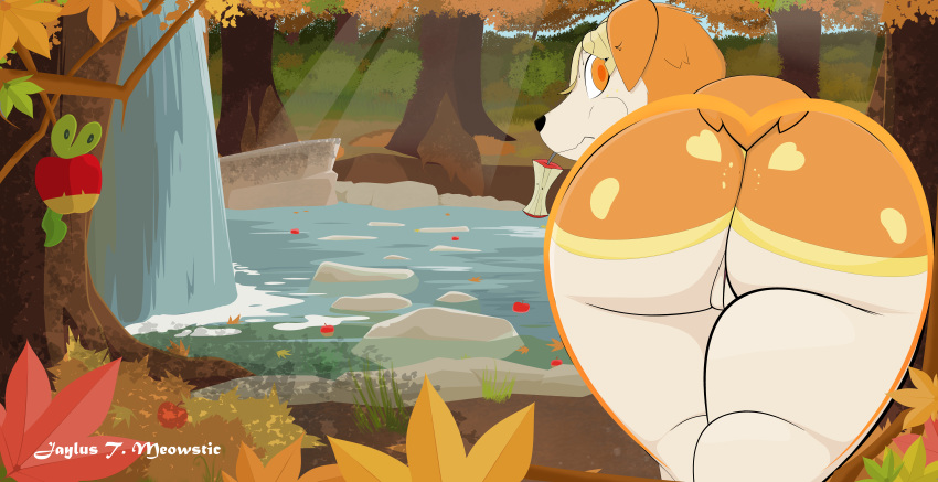 absurd_res apple applin autumn autumn_deerling butt deerling eating female feral food fruit generation_5_pokemon generation_8_pokemon hi_res jaylus_t_meowstic looking_back nervous nintendo plant pokemon pokemon_(species) presenting presenting_hindquarters river signature solo wallpaper waterfall