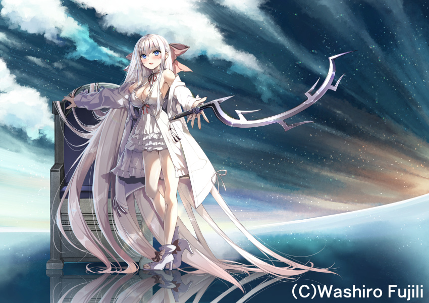 blue_eyes blush breasts cloud cover cover_page dress hair_ribbon high_heels highres holding holding_weapon khopesh large_breasts long_hair looking_at_viewer ninoko no_bra novel_cover novel_illustration official_art original pink_ribbon ribbon short_dress throne very_long_hair weapon white_dress white_hair