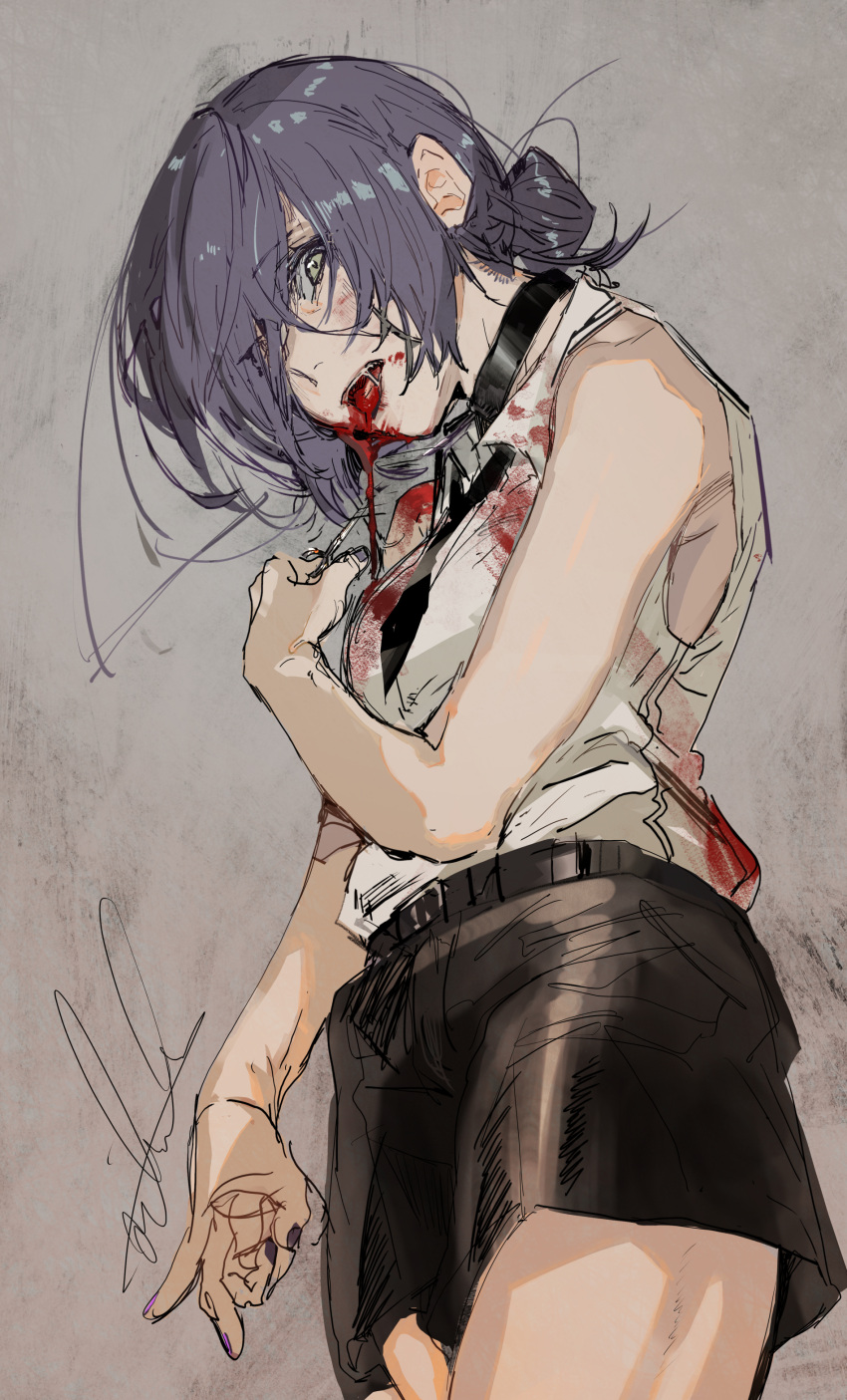 1girl absurdres bare_shoulders blood chainsaw_man choker green_eyes hair_over_one_eye highres hiranko looking_at_viewer necktie open_mouth pencil_skirt purple_hair reze_(chainsaw_man) sketch skirt sleeveless solo teeth