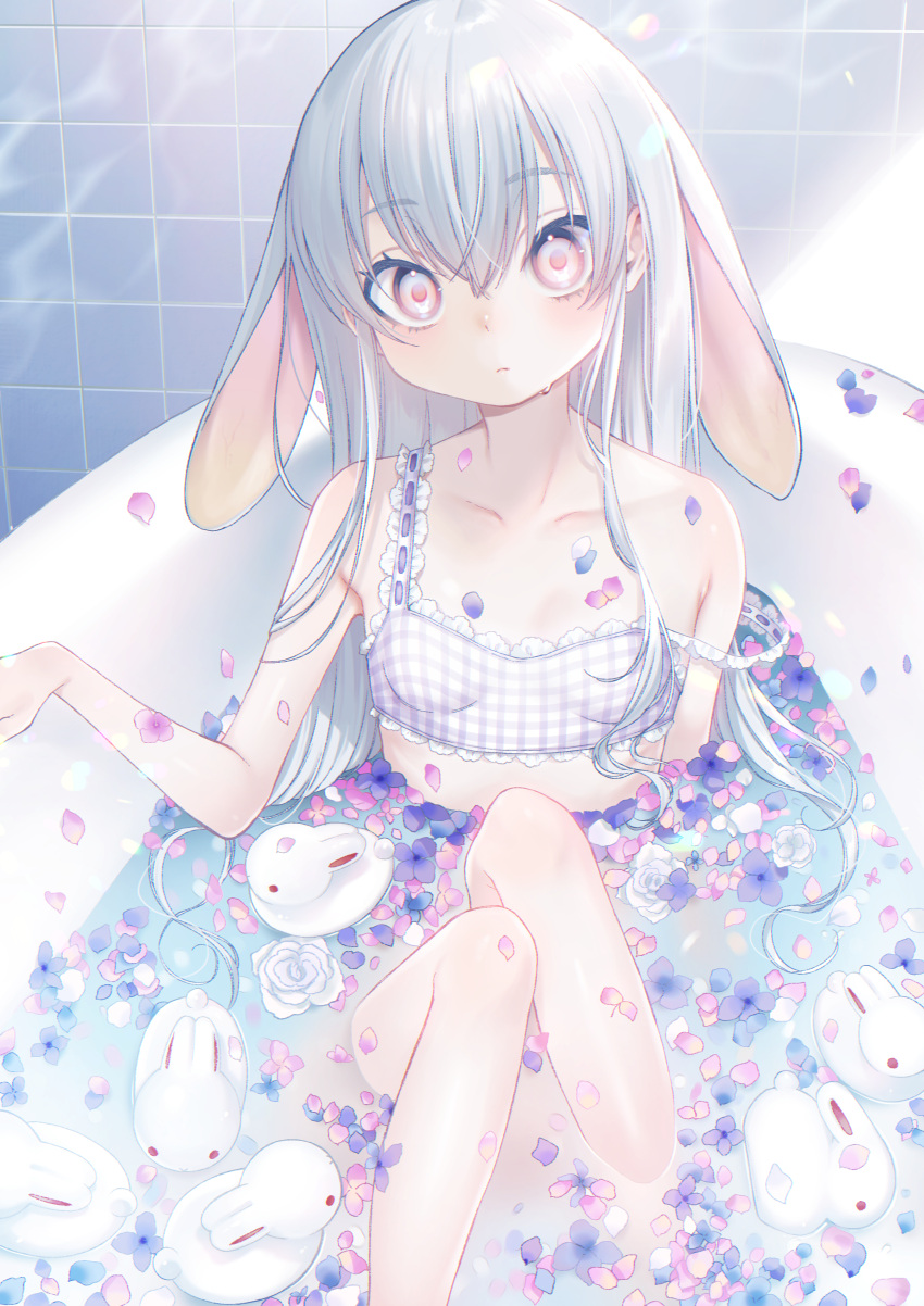 1girl absurdres animal_ears bath bathing bathtub blush bra breasts commentary_request dancho_(dancyo) expressionless extra_ears flower frilled_bra frills highres knees_up long_hair looking_at_viewer original partially_submerged petals petals_on_liquid pink_eyes rabbit_ears rabbit_girl rose small_breasts solo strap_slip tile_wall tiles underwear water wet white_flower white_hair white_rose