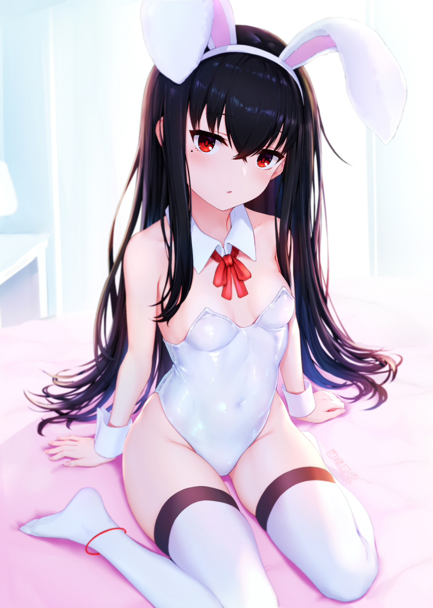 1girl animal_ears anklet black_hair bow bowtie breasts cleavage collar detached_collar fake_animal_ears hairband highleg highleg_leotard highres jewelry leotard long_hair mole mole_under_eye open_mouth original rabbit_ears red_bow red_bowtie red_eyes shibanme_tekikumo sitting small_breasts solo thighhighs very_long_hair wariza white_collar white_hairband white_leotard white_thighhighs wing_collar wrist_cuffs xingye