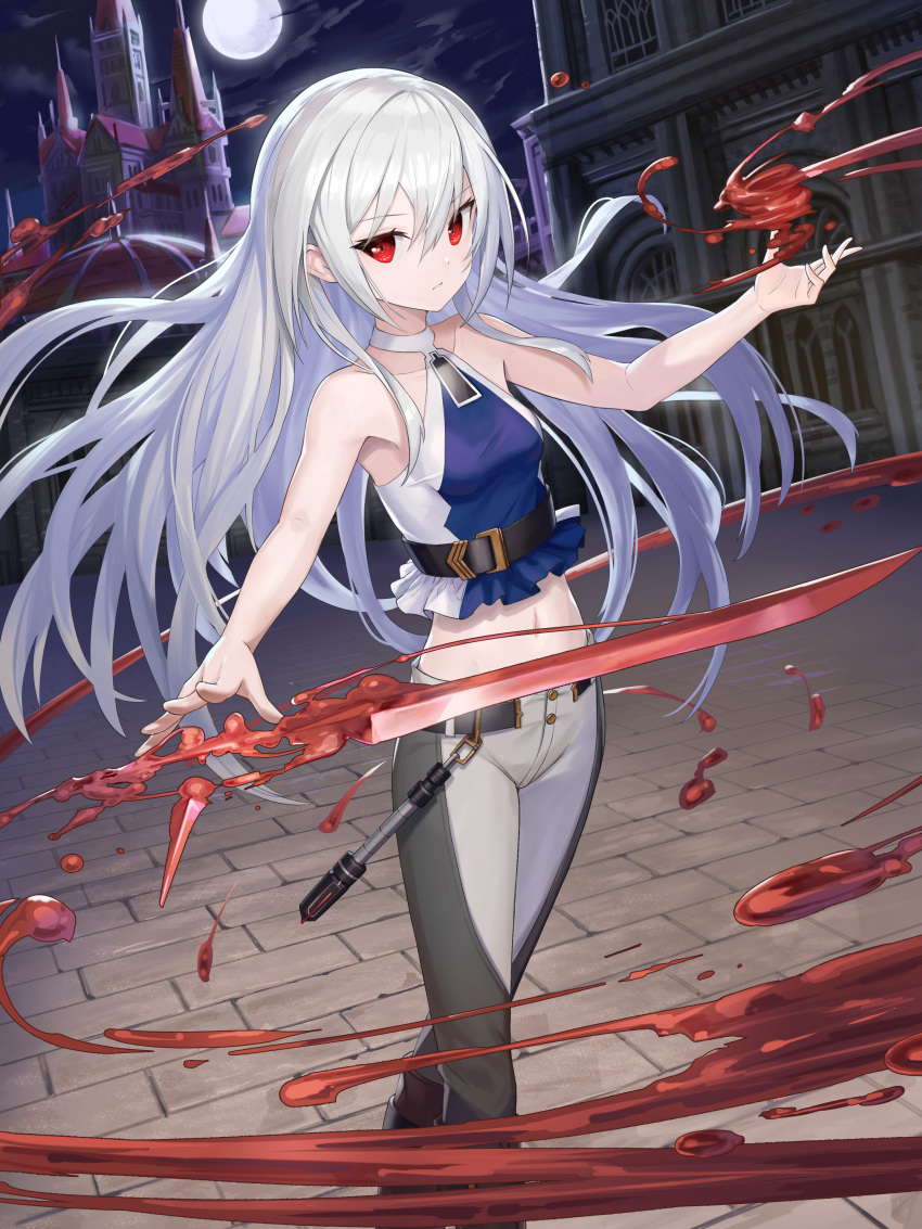 1girl absurdres bangs bare_arms blood blood_splatter breasts closed_mouth collarbone commission floating_hair full_moon grey_pants hair_between_eyes highres long_hair looking_at_viewer midriff moon navel night original outdoors pants red_eyes shirt skeb_commission sleeveless sleeveless_shirt small_breasts solo souto_(0401) standing stomach sword very_long_hair weapon white_hair
