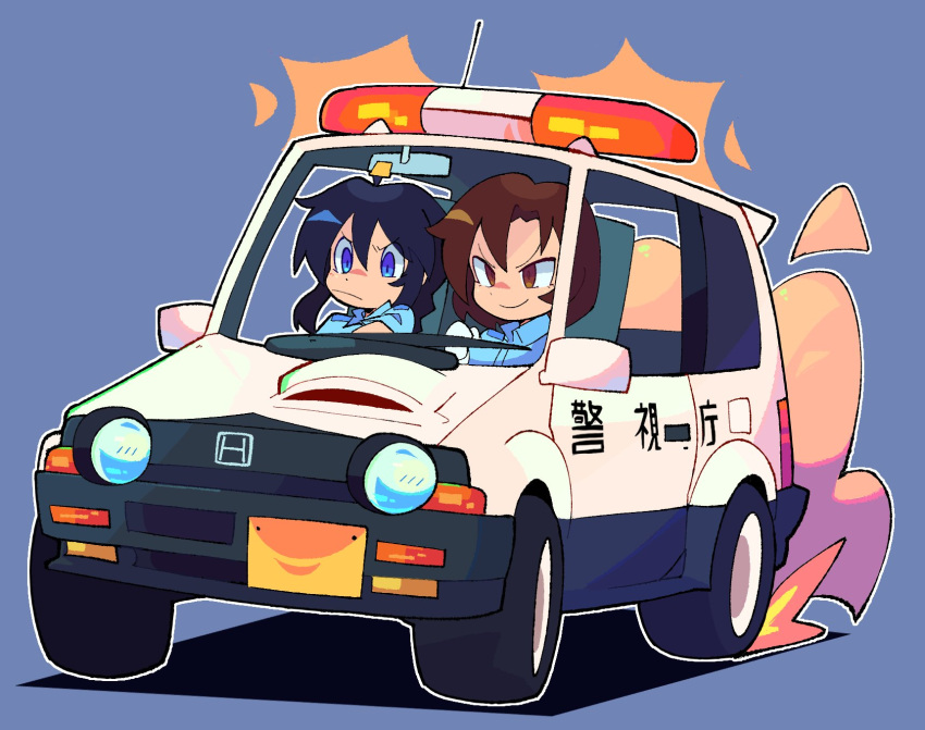 2girls bacun black_hair blue_eyes brown_hair car chibi driving dust_cloud english_commentary flashing_light ground_vehicle highres honda honda_motocompo kobayakawa_miyuki long_hair medium_hair motor_vehicle multiple_girls police police_car police_uniform policewoman smile taiho_shichauzo tsujimoto_natsumi uniform