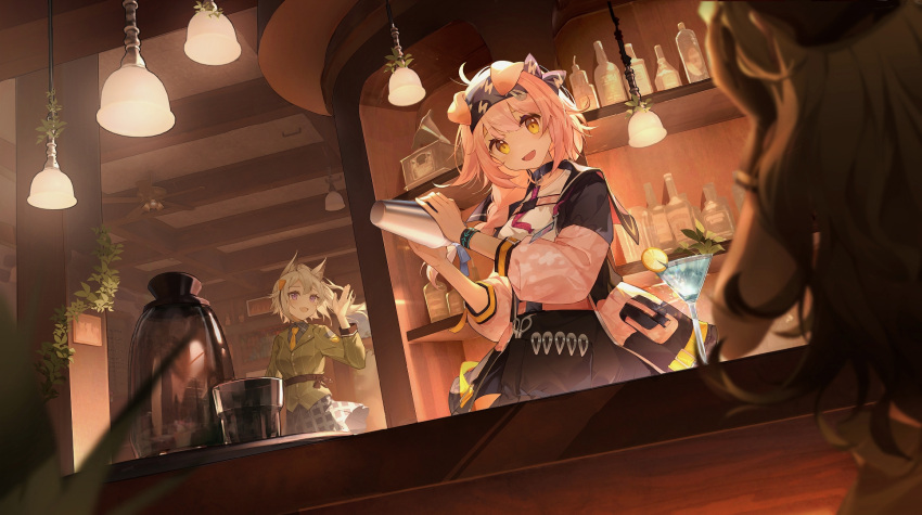 3girls alternate_costume animal_ears arknights bar_(place) bartender black_collar black_gloves black_hairband black_headwear black_jacket black_shirt black_skirt bottle braid cat_ears cat_girl ceiling_fan ceiling_light chest_strap coat cocktail_glass cocktail_shaker collar commentary_request cup drinking_glass dutch_angle floppy_ears food fruit glass gloves goldenglow_(arknights) grani_(arknights) grani_(miraculous_moment)_(arknights) green_coat grey_hair grey_skirt hairband hand_on_own_cheek hand_on_own_face highres holding horse_ears horse_girl indoors jacket lemon lemon_slice lightning_bolt_print long_hair long_sleeves looking_at_viewer multiple_girls open_clothes open_jacket open_mouth orange_eyes out_of_frame phonograph pink_jacket plaid plaid_skirt purple_eyes quercus_(arknights) scissors shirt skirt smile waving yuanshan_yao