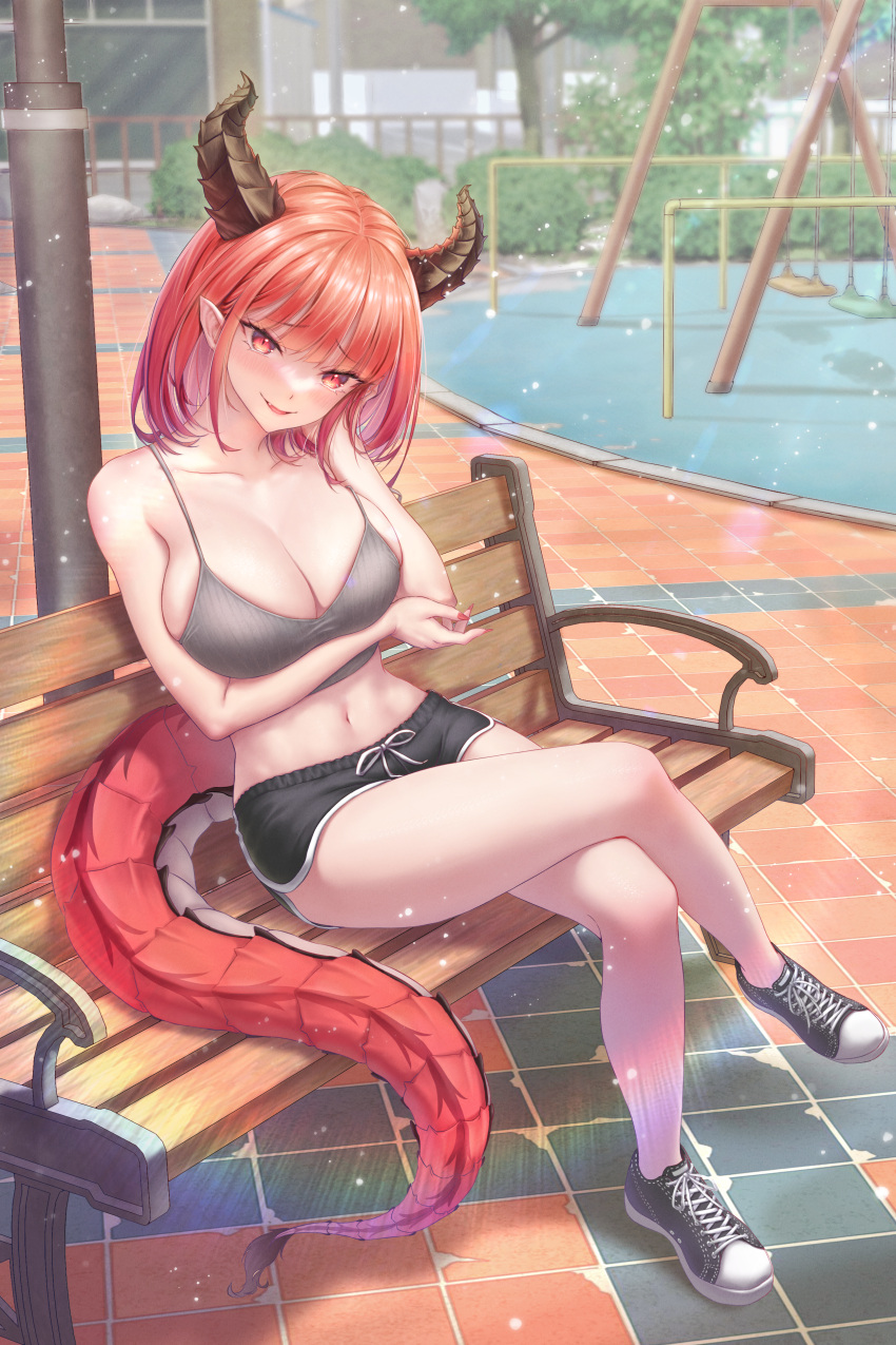 1girl absurdres bare_arms bare_legs bare_shoulders bench black_shorts breast_hold breasts camisole cleavage collarbone crop_top crossed_legs day dolphin_shorts dragon_horns dragon_tail drawstring fang grey_shirt hand_on_own_cheek hand_on_own_face head_tilt highres horns large_breasts looking_at_viewer midriff navel nomalman open_mouth original outdoors park park_bench pointy_ears red_eyes red_hair ribbed_shirt shirt shoes short_hair short_shorts shorts sitting sleeveless sleeveless_shirt smile smug sneakers solo spaghetti_strap stomach tail thighs