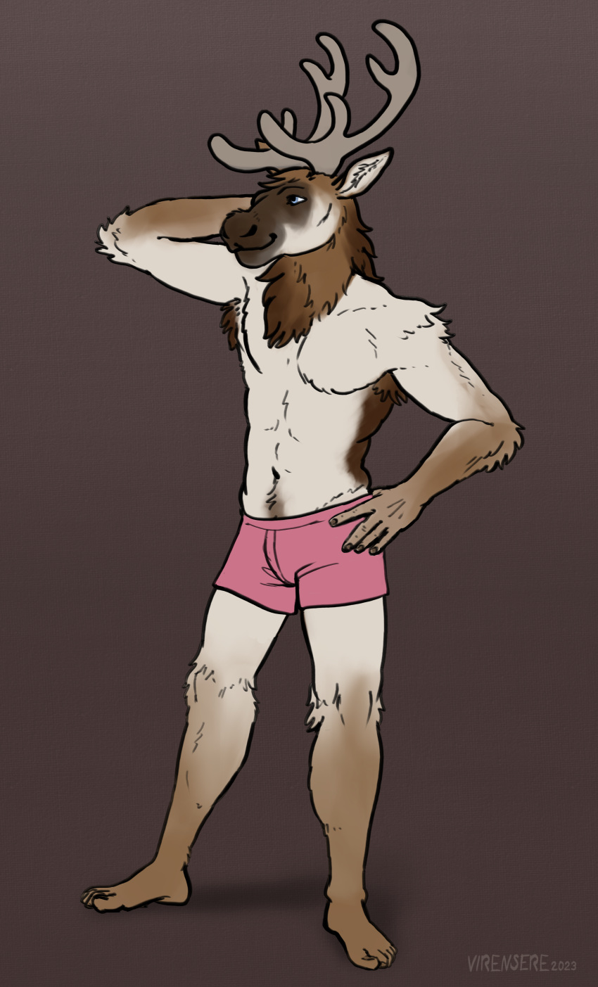 absurd_res anthro antlers apawcalyptic capreoline clothing deer digital_media_(artwork) fur hi_res horn male mammal reindeer rory_(apawcalyptic) simple_background smile solo underwear virensere