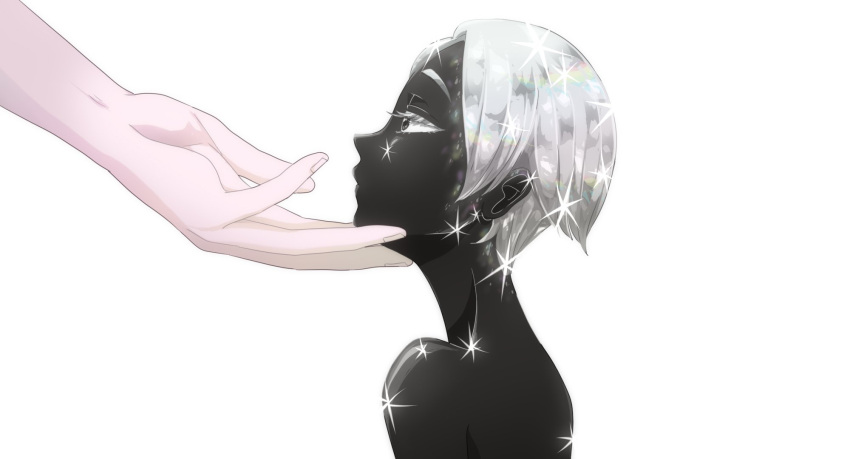 1other aechmea_(houseki_no_kuni) androgynous black_skin cairngorm_(houseki_no_kuni) colored_skin crystal_hair eyelashes fingernails grey_hair hand_on_another's_chin highres houseki_no_kuni looking_at_another looking_away nude other_focus out_of_frame portrait short_hair simple_background solo_focus sparkle stroking_another's_chin white_background yagi_hara