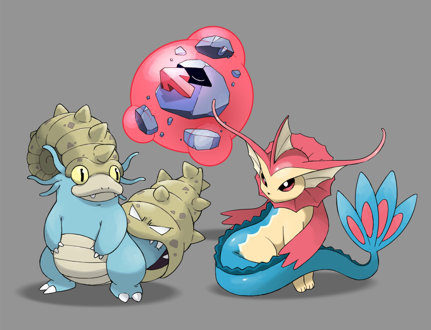 absurdres animal_focus arnau bright_pupils claws closed_eyes closed_mouth commentary duosion english_commentary fangs floating full_body fusion grey_background highres milotic no_humans nosepass omastar pokemon pokemon_(creature) red_eyes rock shell simple_background sitting slit_pupils slowbro spikes standing u_u vaporeon white_eyes white_pupils yellow_eyes
