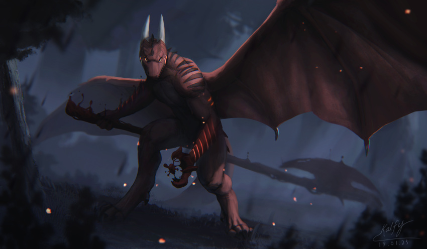 absurd_res anthro axe blood bodily_fluids dragon forest forest_background gaze glowing glowing_eyes halberd hi_res horn intimidation jarek kalfy large_wings looking_at_viewer male melee_weapon muscular muscular_male nature nature_background plant polearm solo spikes spikes_(anatomy) spread_wings stare stripes tail threatening_aura tree weapon wings