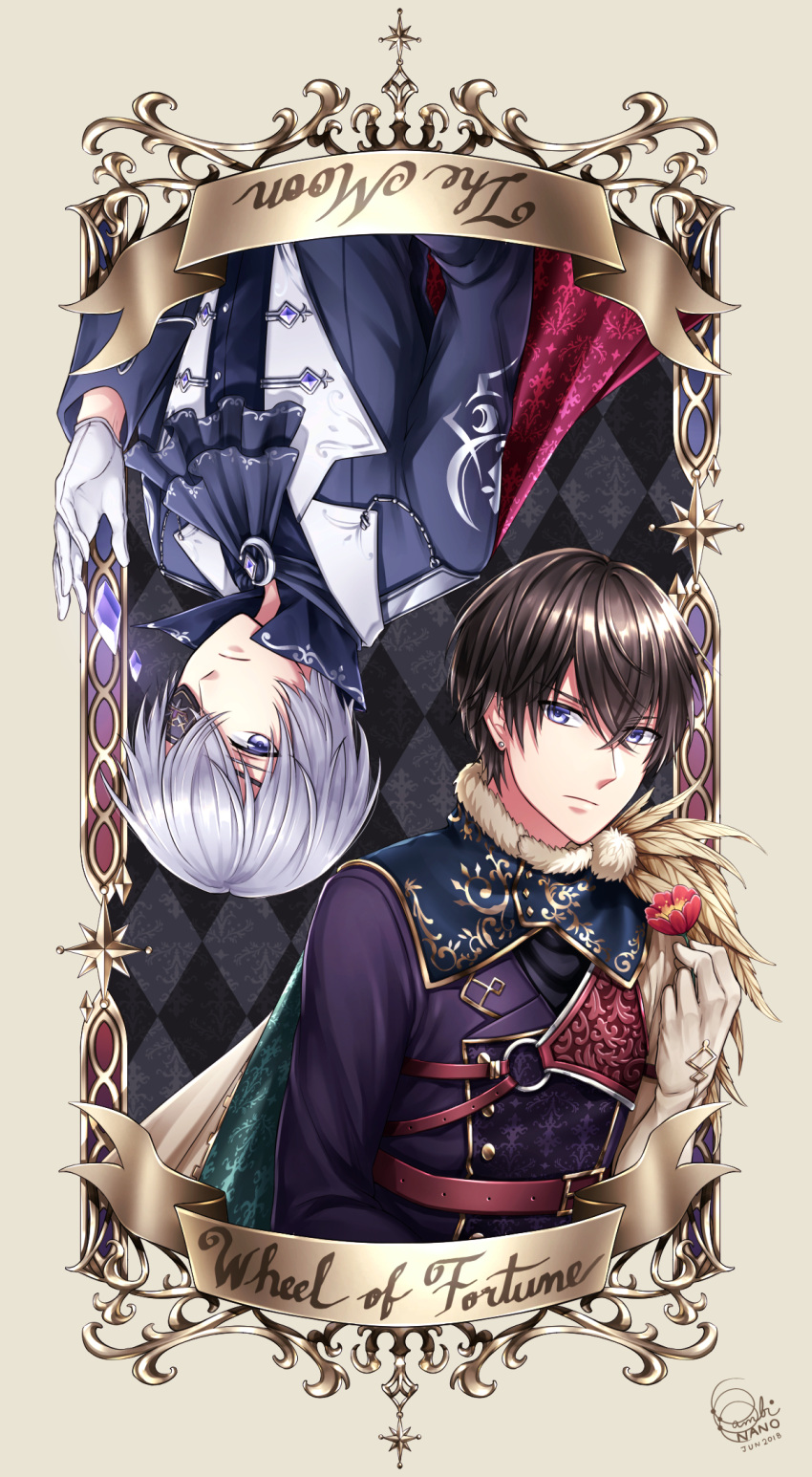 2boys bambi_nano black_background black_hair blue_eyes border closed_mouth expressionless eyepatch formal gary_(yume-100) girbert_(yume-100) gloves grey_background grey_border highres long_sleeves looking_at_viewer male_focus multicolored_background multiple_boys short_hair upside-down white_hair yume_oukoku_to_nemureru_100-nin_no_ouji-sama