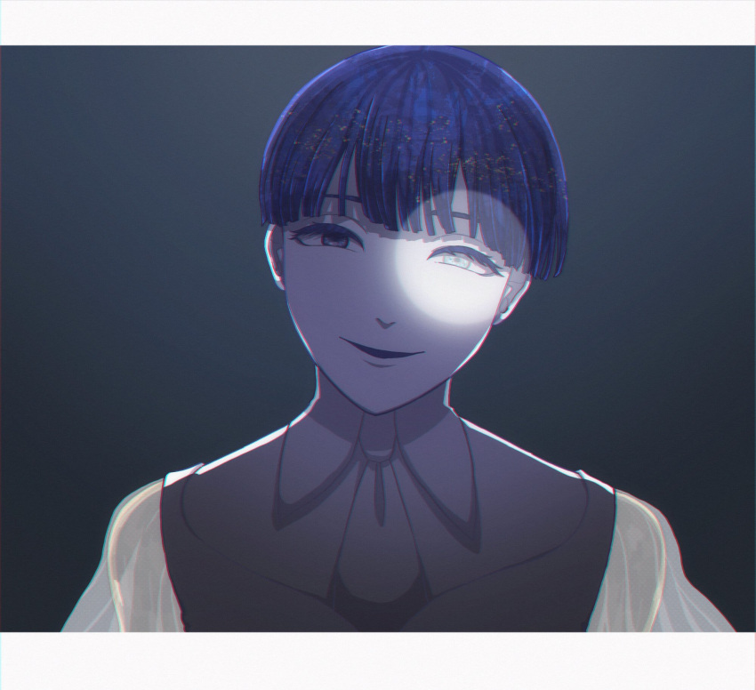 1other ascot bangs blue_eyes blue_hair bowl_cut colored_eyelashes glowing glowing_eye grey_background half-closed_eyes head_tilt heterochromia highres houseki_no_kuni letterboxed looking_at_viewer moon_uniform_(houseki_no_kuni) night other_focus phosphophyllite phosphophyllite_(ll) portrait see-through see-through_sleeves short_hair smile solo spoilers white_ascot white_eyes yagi_hara