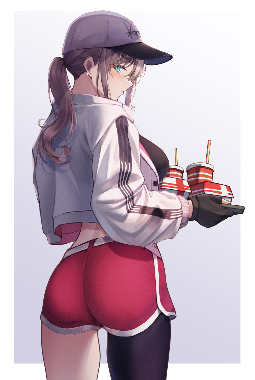 1girl 3_small_spiders absurdres aqua_eyes ar-57_(girls'_frontline) black_tank_top cowboy_shot crop_top cup disposable_cup dolphin_shorts ear_piercing fast_food food from_behind girls'_frontline highres holding holding_tray jacket long_hair looking_at_viewer looking_back open_clothes open_jacket piercing pink_hair pink_shorts short_shorts shorts single_thighhigh standing tank_top thighhighs tray white_headwear white_jacket