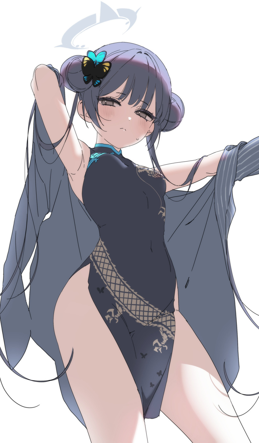1girl absurdres arms_up bangs black_dress black_hair blue_archive blush breasts butterfly_hair_ornament china_dress chinese_clothes closed_mouth coat double_bun dragon_print dress grey_eyes hair_bun hair_ornament halo highres kisaki_(blue_archive) long_hair looking_at_viewer myao_(o3o333) open_clothes open_coat pelvic_curtain simple_background sketch small_breasts solo striped_coat sweat twintails very_long_hair white_background