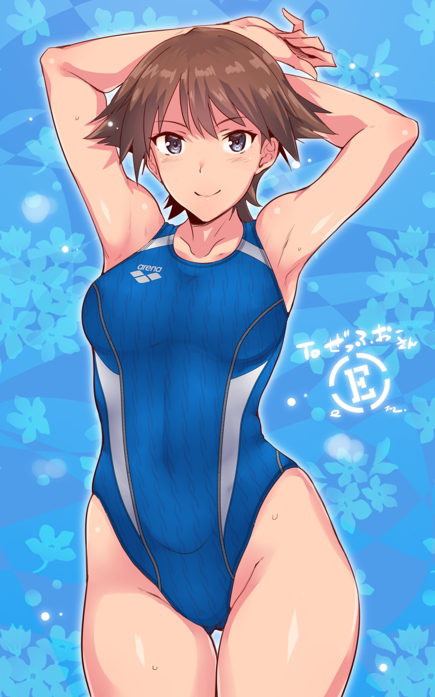 1girl absurdres alternate_costume arena_(company) arms_behind_head ass_visible_through_thighs blue_background blue_one-piece_swimsuit breasts brown_hair commentary_request em_(totsuzen_no_hakike) flipped_hair grey_eyes hiei_(kancolle) highres kantai_collection looking_at_viewer medium_breasts one-piece_swimsuit short_hair solo swimsuit third-party_source two-tone_swimsuit