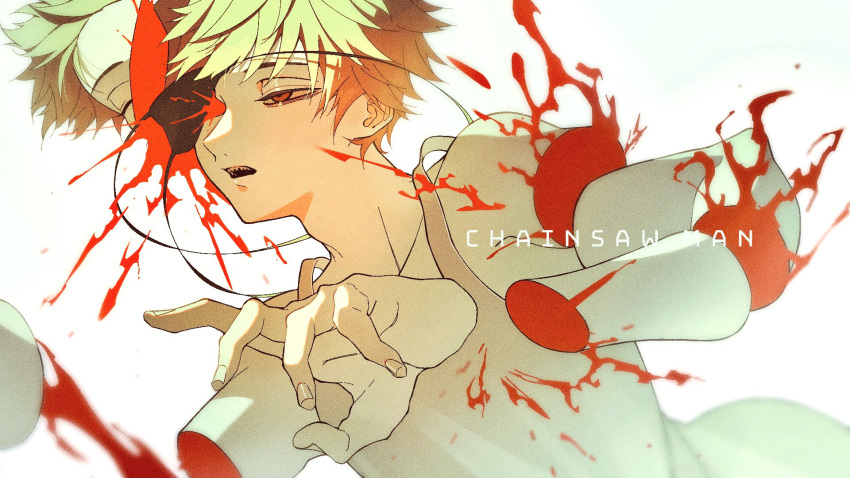 1boy blonde_hair blood blood_spray chainsaw_man copyright_name denji_(chainsaw_man) dismemberment eyepatch half-closed_eyes highres looking_to_the_side mei_32k1 one_eye_closed open_mouth red_eyes sharp_teeth short_hair simple_background solo tank_top teeth white_background white_tank_top