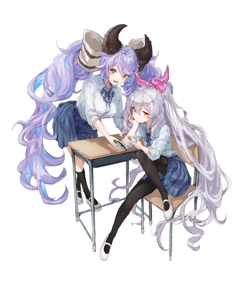 2girls absurdres animal_ears bangs black_pantyhose black_thighhighs blacktail_hihi blue_skirt blush breasts brown_eyes chair collared_shirt desk dress_shirt granblue_fantasy grey_hair highres large_breasts light_purple_hair long_hair long_sleeves looking_at_viewer low_twintails medusa_(shingeki_no_bahamut) multiple_girls open_mouth pantyhose pointy_ears ponytail purple_eyes satyr_(granblue_fantasy) shirt skirt small_breasts smile thighhighs twintails very_long_hair white_background white_shirt