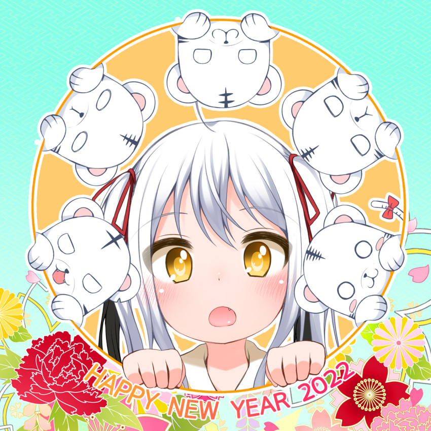 1girl ahoge animal blush bow clenched_hands fang floral_background flower gokotai_yoshimitsu hair_bow hand_up happy_new_year highres open_mouth patterned_background shouji_ayumu tenka_hyakken tiger tiger_cub twintails white_hair yellow_eyes