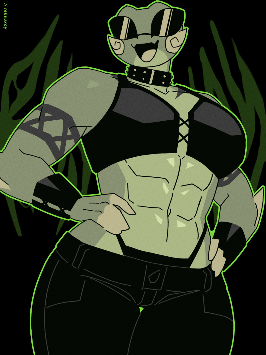 3:4 absurd_res amphibian anthro bottomwear breasts clothed clothing collar eyewear female frog green_body green_skin hands_on_hips hi_res muscular muscular_anthro muscular_female open_mouth pants reksukoy solo spiked_collar spikes sunglasses thong thong_straps topwear underwear