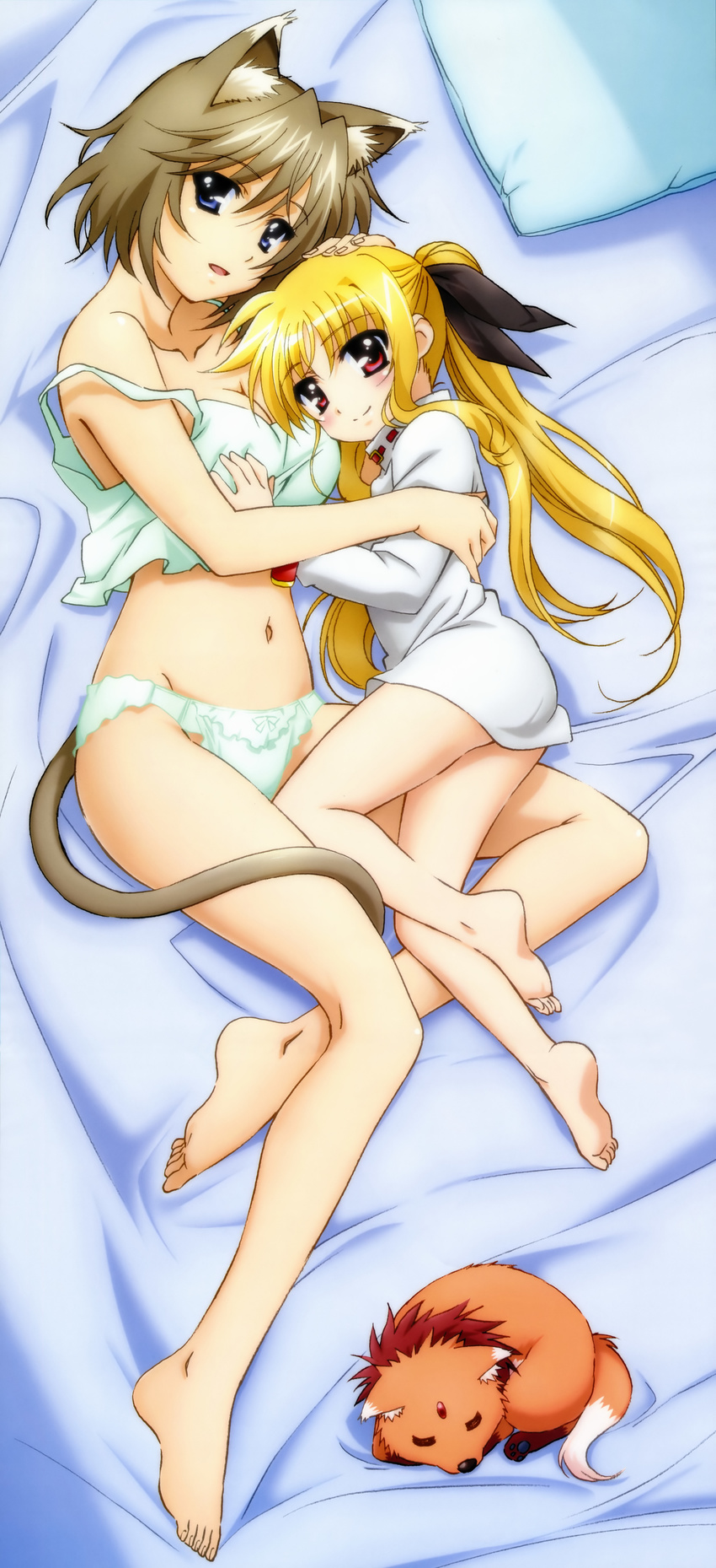 absurdres animal animal_ears arf bare_legs barefoot bed blonde_hair blue_eyes blush bow bow_panties breasts brown_hair cleavage dakimakura fate_testarossa feet green_panties green_shirt hair_bow highres hug linith long_hair lyrical_nanoha mahou_shoujo_lyrical_nanoha mahou_shoujo_lyrical_nanoha_the_movie_1st medium_breasts multiple_girls navel no_pants non-web_source nyantype official_art okuda_yasuhiro open_mouth panties red_eyes shirt short_hair small_breasts tail tank_top twintails underwear underwear_only