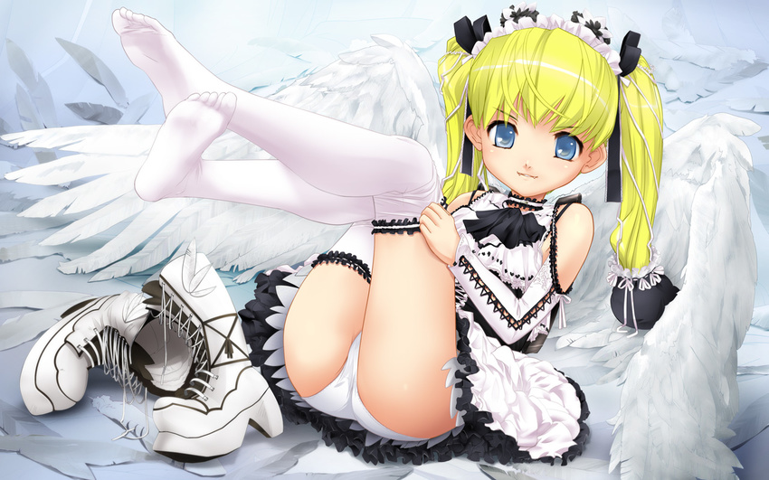 ashibe_ryou blonde_hair blue_eyes boots boots_removed cross-laced_footwear detached_sleeves fangs feathers feet lace-up_boots legs_up lying mozuya-san_gyakujousuru mozuya_koto panties platform_footwear platform_heels shoes_removed sock_pull solo thighhighs twintails underwear wallpaper white_footwear wings