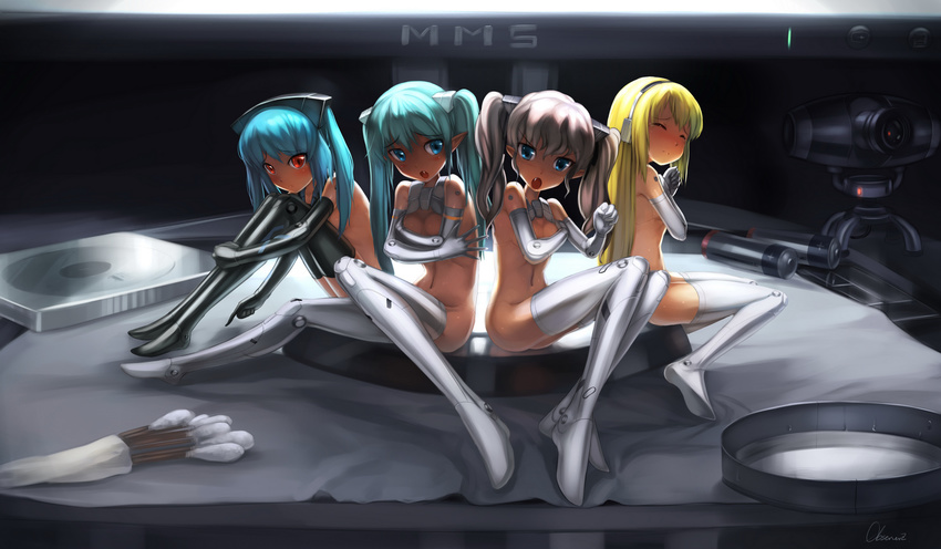 android angry aqua_hair arnval bad_id bad_pixiv_id battery black_legwear blonde_hair blue_eyes blue_hair blush breast_hold breasts busou_shinki camera cd closed_eyes cotton_swab covering doll_joints elbow_gloves elf embarrassed fang flat_chest gloves headphones leg_hug legs lineup long_hair looking_back minigirl multiple_girls navel nude observerz open_mouth pink_hair pointing pointy_ears red_eyes robot_joints signature sitting strarf tears thighhighs twintails valona white_legwear