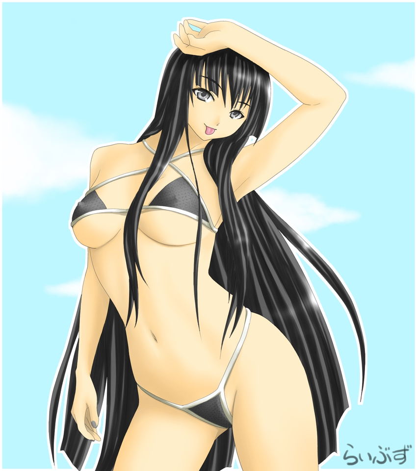 bad_id bad_pixiv_id bad_proportions bikini black_eyes black_hair breasts highres houraisan_kaguya large_breasts libus long_hair solo swimsuit tongue touhou underboob