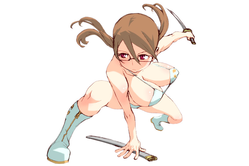 bikini boots breasts brown_hair copyright_request glasses katana large_breasts oono_tsutomu red_eyes solo swimsuit sword twintails weapon