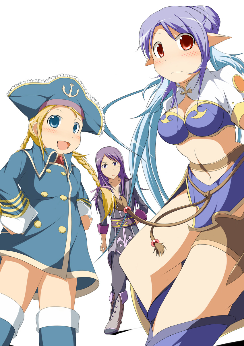 2girls :3 aqua_hair blonde_hair blue_eyes blush boots breasts hat highres judith looking_at_viewer medium_breasts mirano multiple_girls navel patty_fleur pirate_hat pointy_ears purple_hair red_eyes simple_background tales_of_(series) tales_of_vesperia thighhighs white_background yuri_lowell