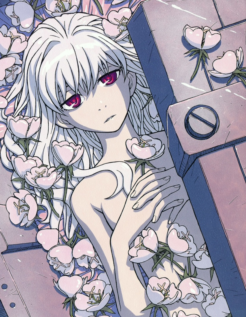 absurdres covering covering_breasts darker_than_black flat_chest flower hands highres iwahara_yuuji long_hair lying nude nude_cover on_back pale_skin purple_eyes solo white_hair yin