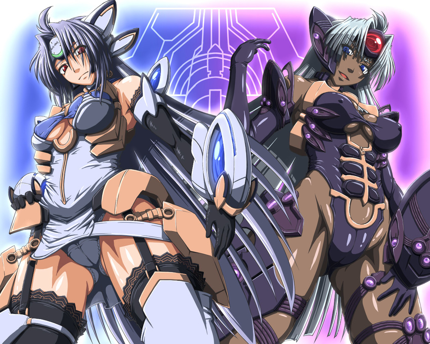 :d android armor back-to-back bare_shoulders black_gloves black_legwear blue_eyes blue_hair breasts cameltoe cleavage cleavage_cutout contrast covered_nipples cowboy_shot dark_skin dress elbow_gloves eyes_visible_through_hair fat_mons from_below garter_straps gloves groin hand_on_thigh head_tilt headgear kos-mos kos-mos_ver._4 lace lace-trimmed_gloves lace-trimmed_thighhighs large_breasts leotard long_hair looking_at_viewer multiple_girls neon_trim open_mouth outline panties pantyshot pantyshot_(standing) red_eyes shiny shiny_skin short_dress side_cutout silver_hair smile standing t-elos taro taut_clothes thighhighs underboob underboob_cutout underwear upskirt very_long_hair wallpaper xenosaga xenosaga_episode_iii