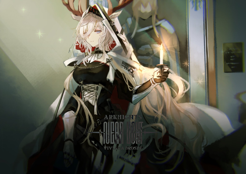 animal_ears antlers_through_headwear arknights blonde_hair blue_eyes candle candlestand cape character_name copyright_name deer_antlers deer_ears deer_girl ears_through_headwear gauntlets holding holding_candle hood hooded_cape lit_candle long_hair rururururu_sp viviana_(arknights) white_cape