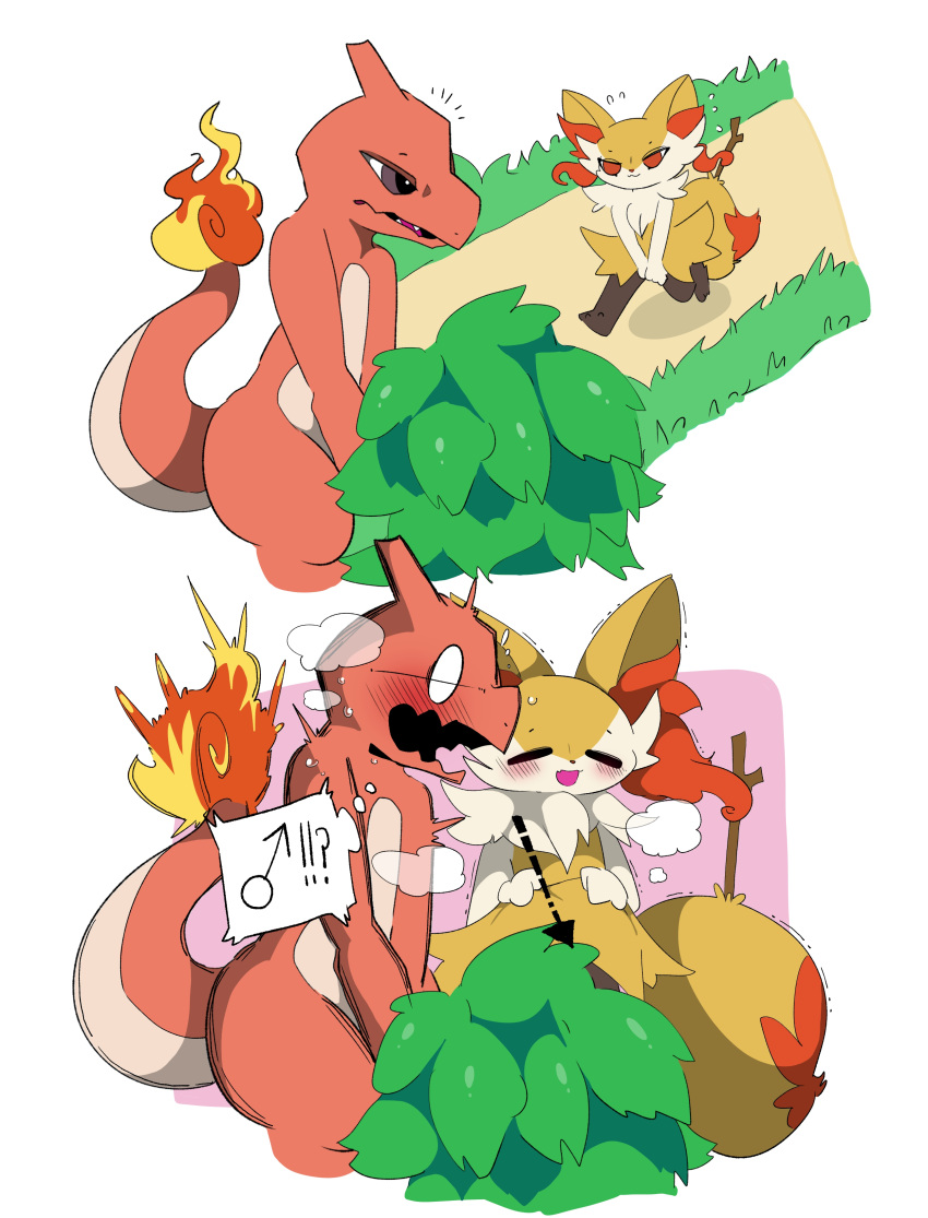 absurd_res amaoto blush braixen charmeleon duo eyes_closed generation_1_pokemon generation_6_pokemon girly hi_res humor male nintendo pokemon pokemon_(species) red_body simple_background surprise surprised_expression