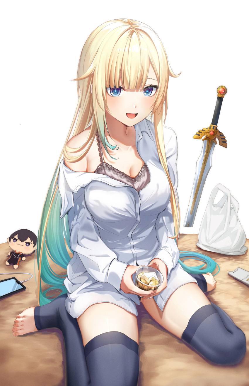 1girl absurdres aizawa_ema arurire bag black_thighhighs blonde_hair blue_eyes breasts camisole cellphone charger cleavage collarbone collared_shirt cup dragon_quest erdrick's_sword feet game_console gradient_hair green_hair haikyuu!! hair_flaps hair_intakes hair_over_shoulder highres holding holding_cup ice ice_cube kageyama_tobio lace_trim large_breasts long_hair looking_at_viewer multicolored_hair off_shoulder on_floor open_clothes open_mouth open_shirt phone plastic_bag ringed_eyes shirt shoulder_strap sitting smartphone smile solo stuffed_toy thighhighs thighs toe_scrunch toeless_legwear very_long_hair vspo! wariza white_background white_shirt