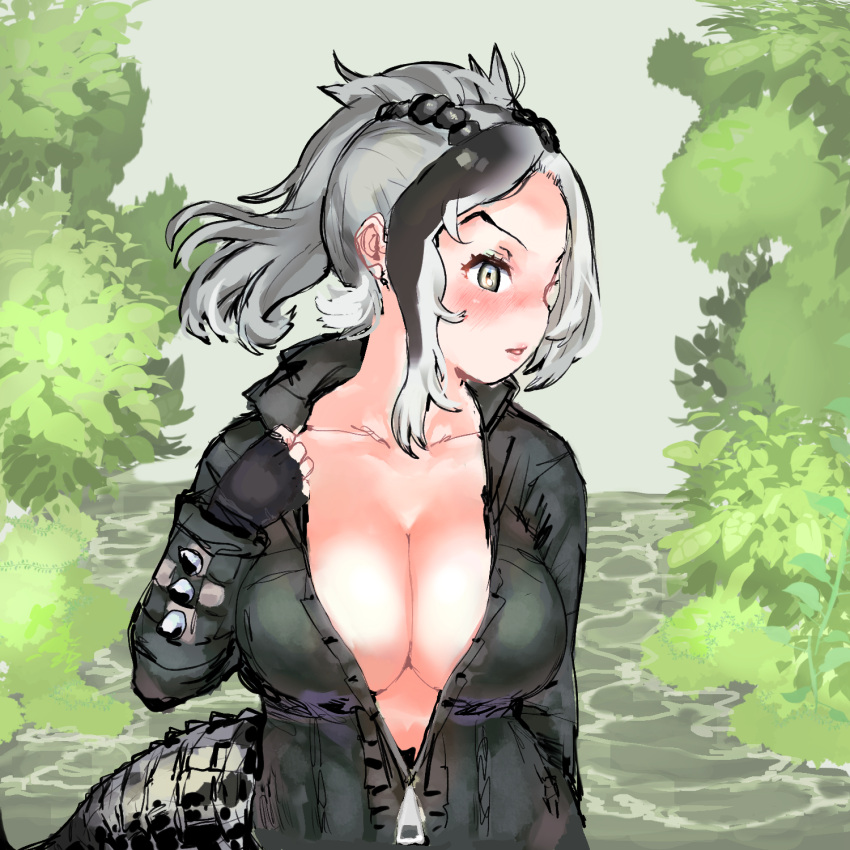 1girl arm_at_side asymmetrical_hair black_gloves blush breasts chabo-kun cleavage collarbone collared_jacket crocodilian_tail day fingerless_gloves gloves green_eyes green_hair green_jacket grey_hair hand_up high_ponytail highres jacket kemono_friends large_breasts lips long_hair long_sleeves looking_at_viewer multicolored_hair no_bra nose_blush outdoors parted_lips partially_unzipped saltwater_crocodile_(kemono_friends) sketch solo spiked_jacket spikes stomach tail upper_body water zipper zipper_pull_tab