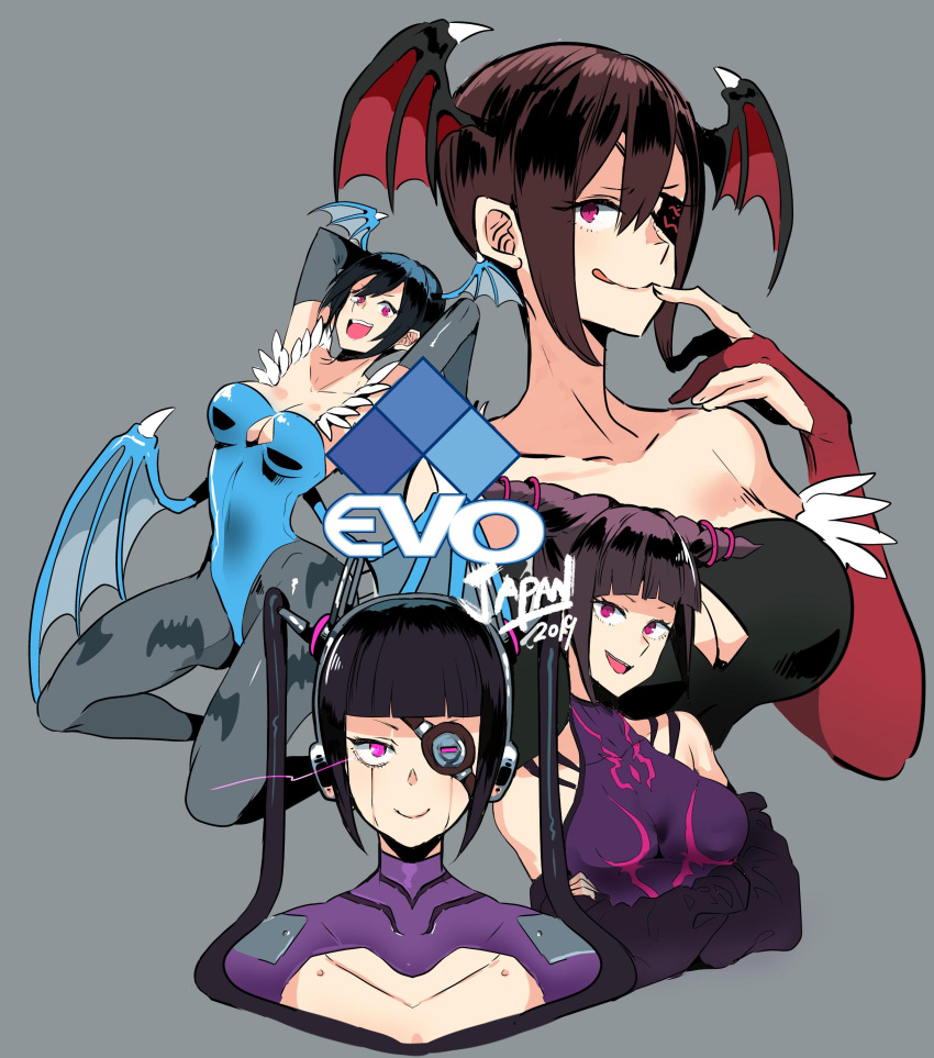 1girl 2019 absurdres arms_up black_hair black_leotard blue_leotard breasts bridal_gauntlets cleavage cleavage_cutout clothing_cutout commentary_request cosplay evolution_championship_series eye_(mememem) eyepatch hair_horns han_juri head_wings highres large_breasts leotard lilith_aensland lilith_aensland_(cosplay) medium_breasts open_mouth pantyhose pink_eyes short_hair smile strapless strapless_leotard street_fighter street_fighter_v twintails vampire_(game) wings