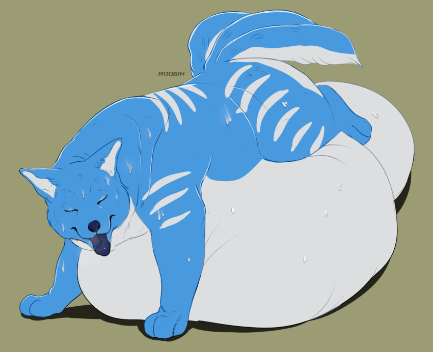 3_tails artist_name balls belly big_balls big_belly blue_body blue_fur blue_nose blue_tongue canid eyes_closed feral fur genitals green_background hi_res huge_balls huge_belly hyper hyper_balls hyper_belly hyper_genitalia male mammal multi_tail open_mouth roobin simple_background solo striped_back striped_legs stripes tail tongue tongue_out white_body white_fur white_stripes