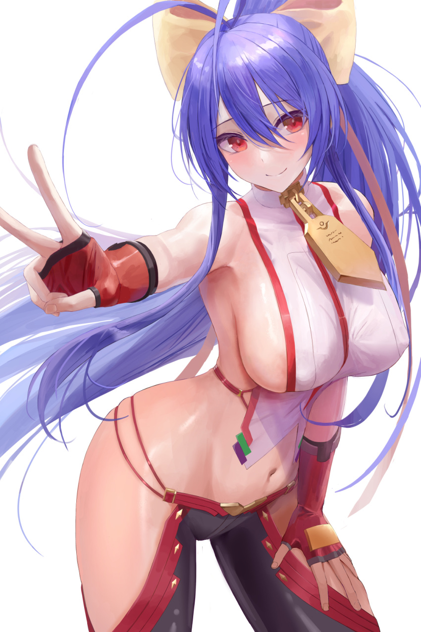 1girl antenna_hair armpits backless_outfit bare_shoulders blazblue blazblue:_central_fiction blazblue_remix_heart blazblue_variable_heart blue_hair blush bow breasts closed_mouth contrapposto cowboy_shot fingerless_gloves foreshortening gloves hair_between_eyes hair_bow highres kaeru_(meriruou) large_breasts long_hair looking_at_viewer lowleg lowleg_pants mai_natsume navel pants red_eyes revealing_clothes shiny_skin sideboob simple_background smile solo v very_long_hair yellow_bow